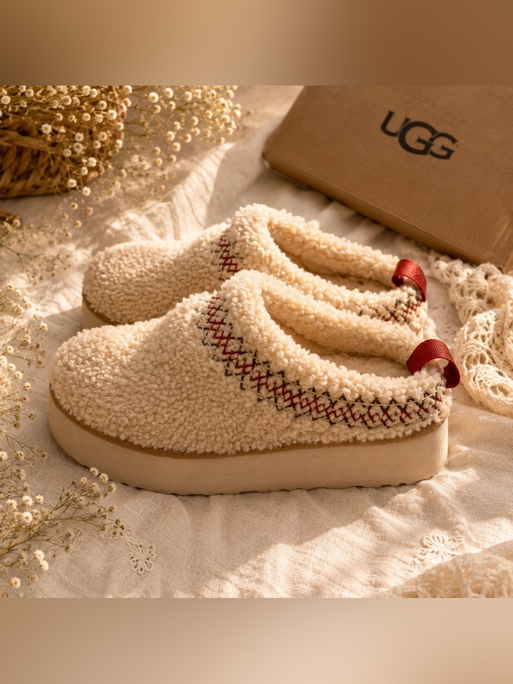 UGG Cream Sherpa Slip-On Mules with Red Stitching